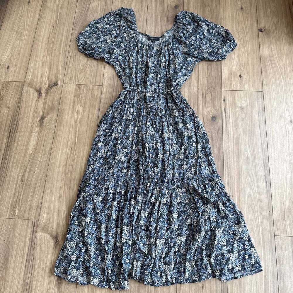 KAREN KANE Womens Size XL Blue Floral Puff Sleeve Scoop Neck Tiered Maxi Dress